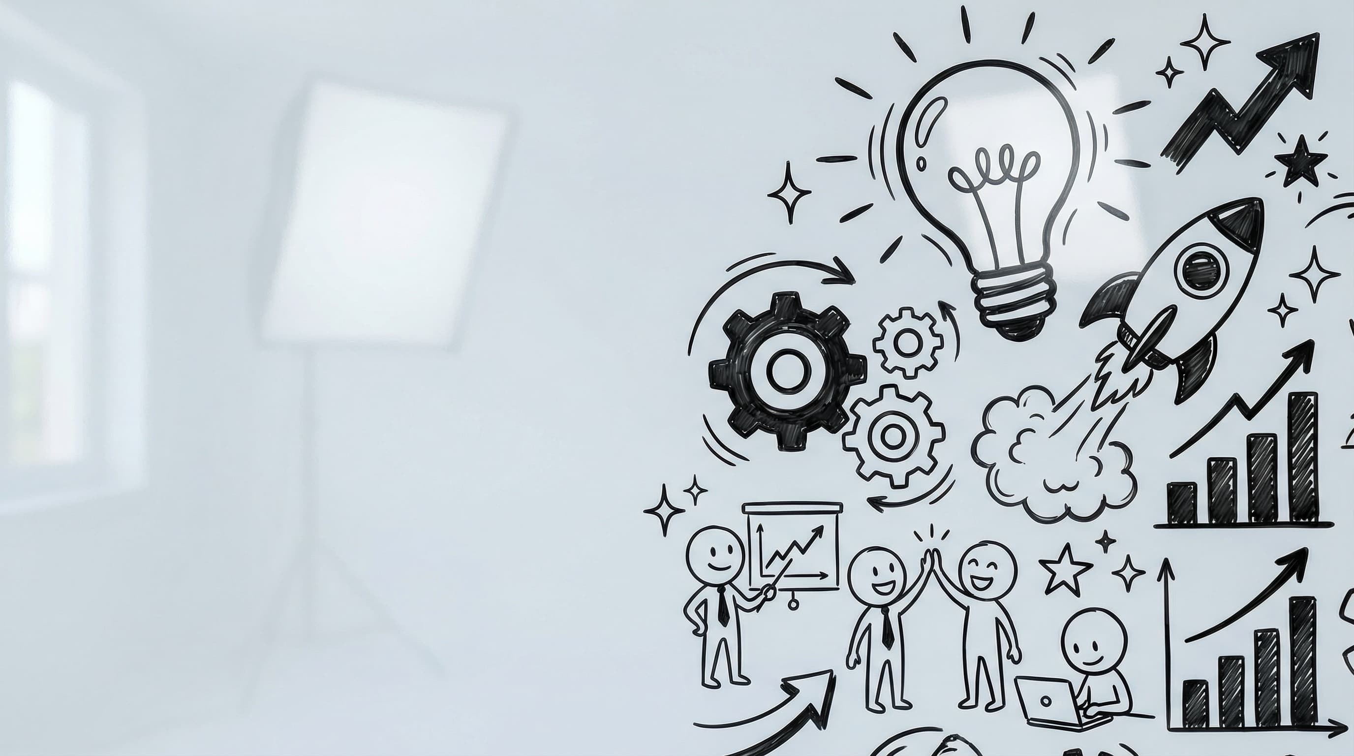 Professional studio workspace with creative doodle art