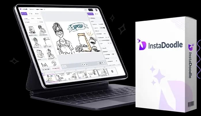 Tablet showing the InstaDoodle software interface with various doodle assets and a product box.